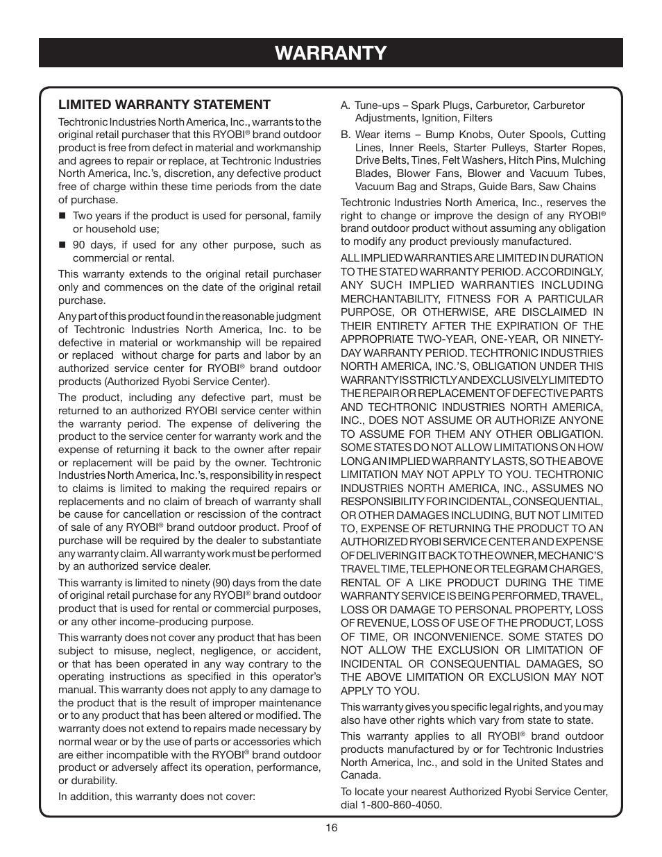 Warranty, Limited warranty statement | Ryobi RY46501B User Manual | Page 16 / 18