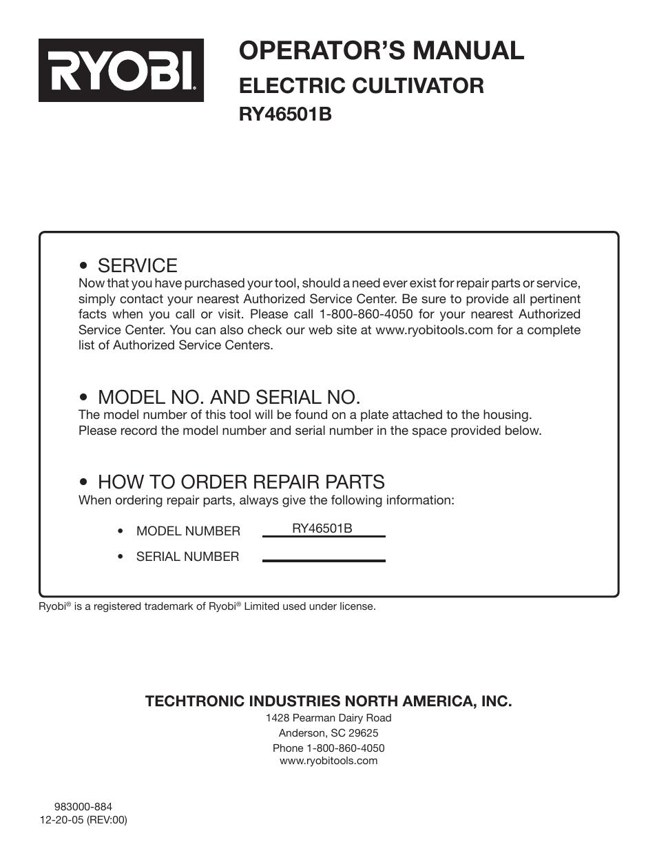 Operator’s manual, Electric cultivator, Service | Model no. and serial no, How to order repair parts | Ryobi RY46501B User Manual | Page 18 / 18