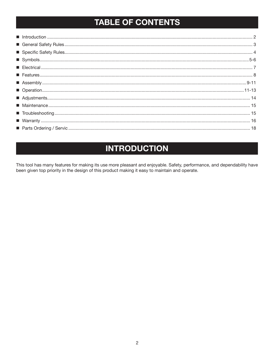 Table of contents introduction | Ryobi RY46501B User Manual | Page 2 / 18