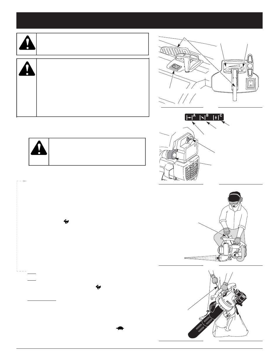 Warning, Starting/stopping instructions, Starting instructions | Stopping instructions, Vacuum starting position, Blower starting position | Ryobi 320BVr User Manual | Page 12 / 72