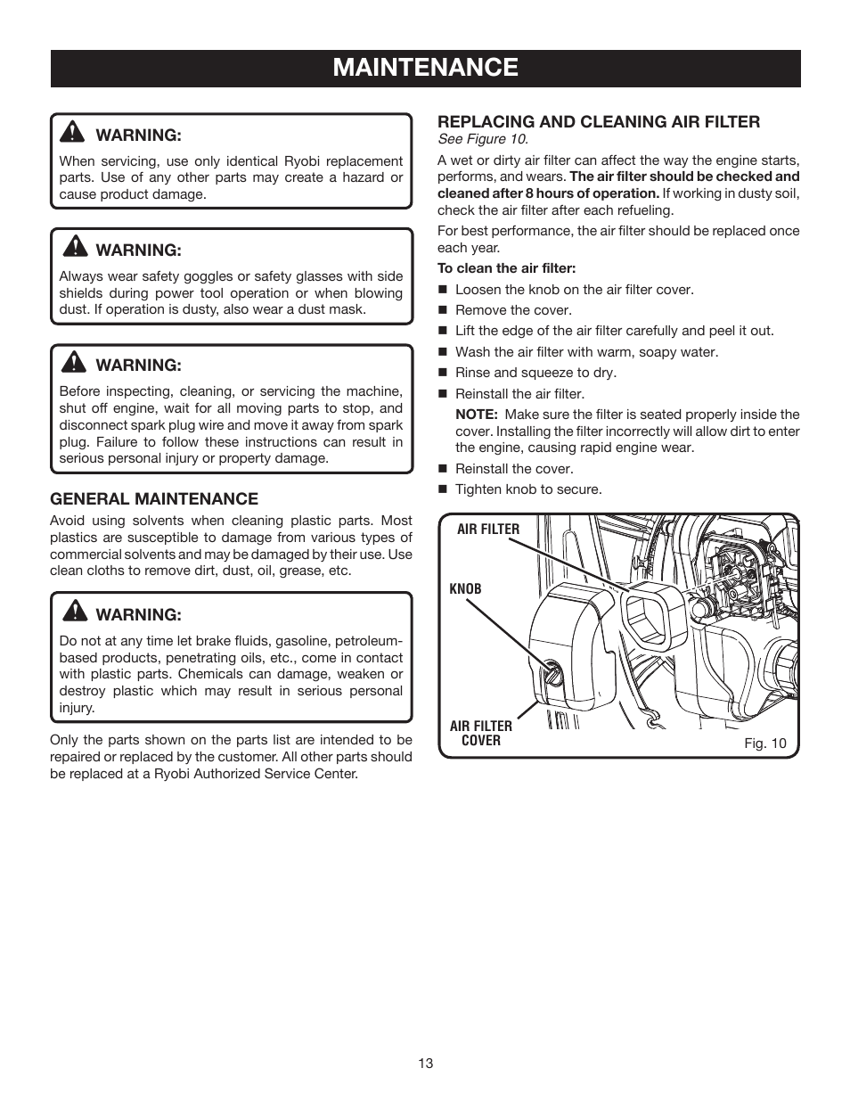 Maintenance | Ryobi RY08570 User Manual | Page 13 / 20