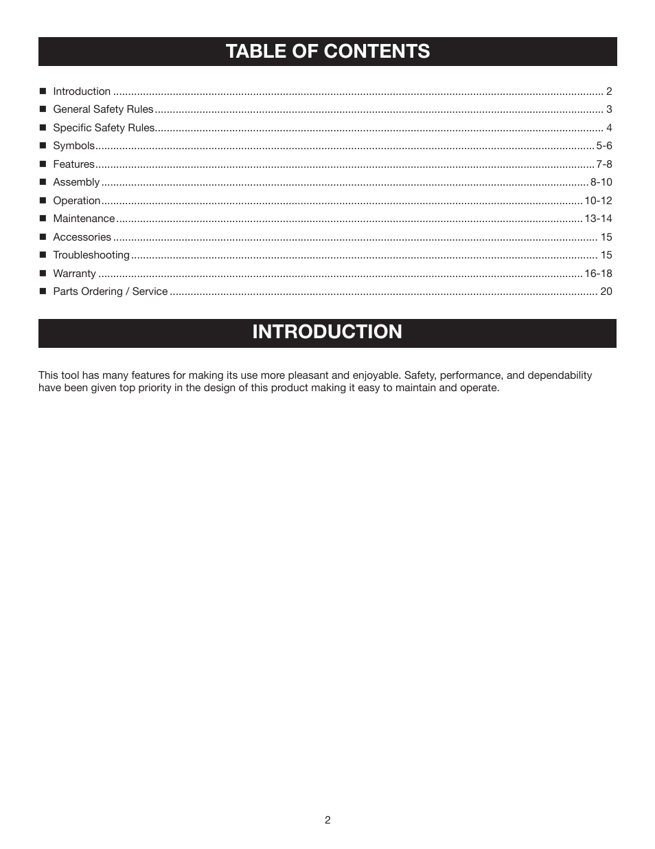 Table of contents introduction | Ryobi RY08570 User Manual | Page 2 / 20