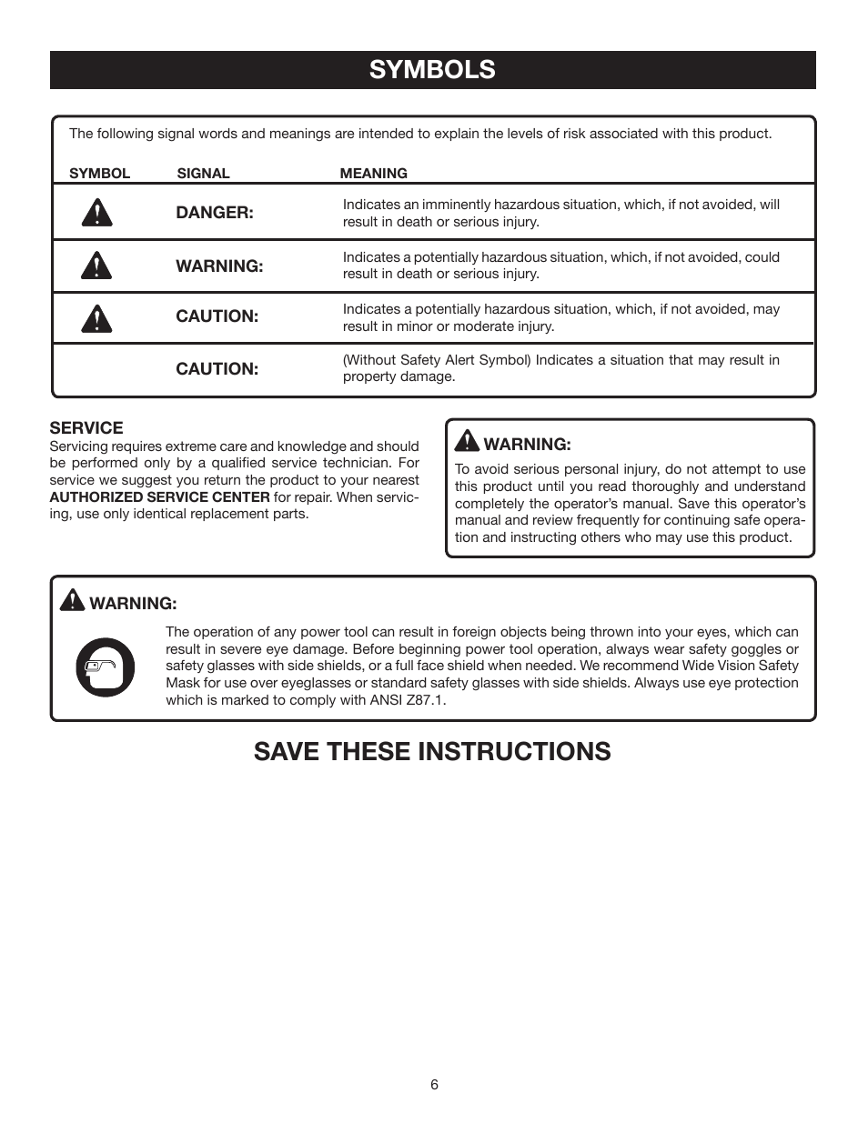 Symbols, Save these instructions | Ryobi RY08570 User Manual | Page 6 / 20