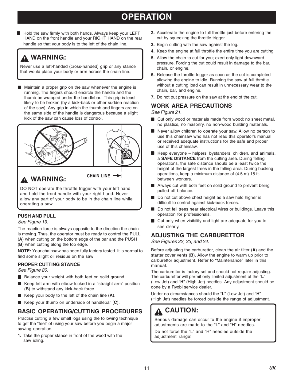 Operation, Warning, Caution | Basic operating/cutting procedures, Work area precautions, Adjusting the carburettor | Ryobi RY74003D User Manual | Page 11 / 20