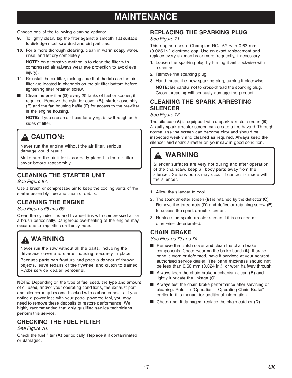 Maintenance, Caution, Warning | Ryobi RY74003D User Manual | Page 17 / 20
