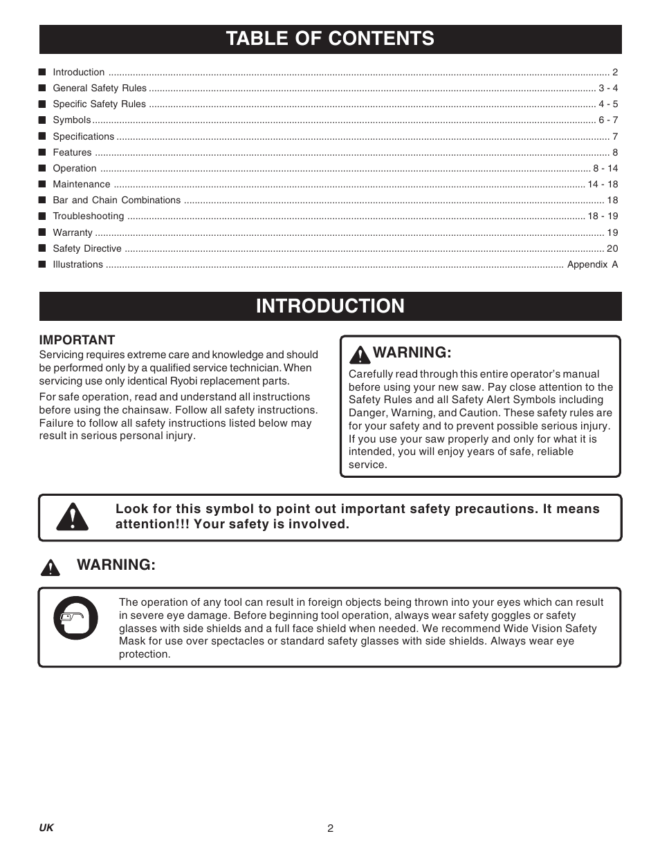 Introduction table of contents, Warning | Ryobi RY74003D User Manual | Page 2 / 20