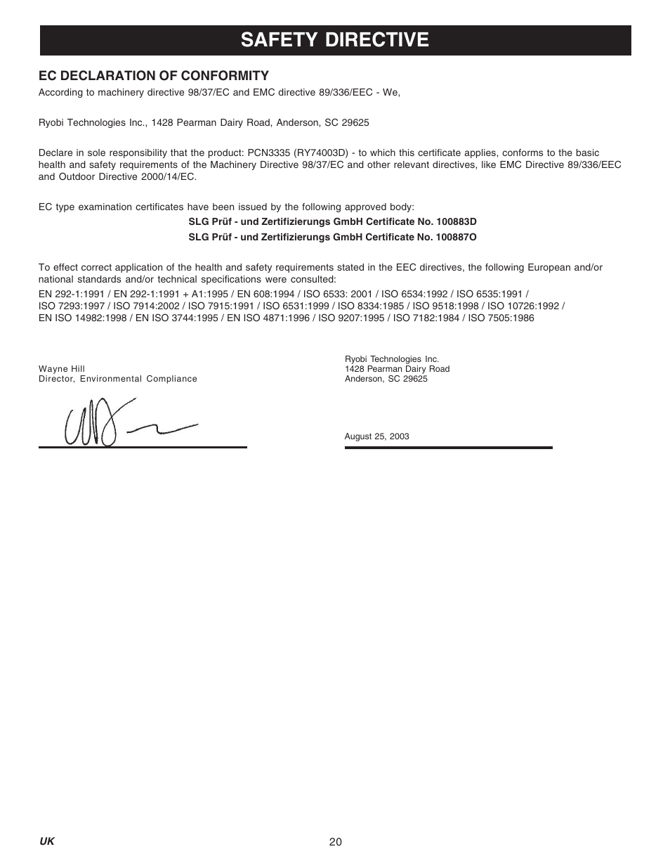 Safety directive | Ryobi RY74003D User Manual | Page 20 / 20
