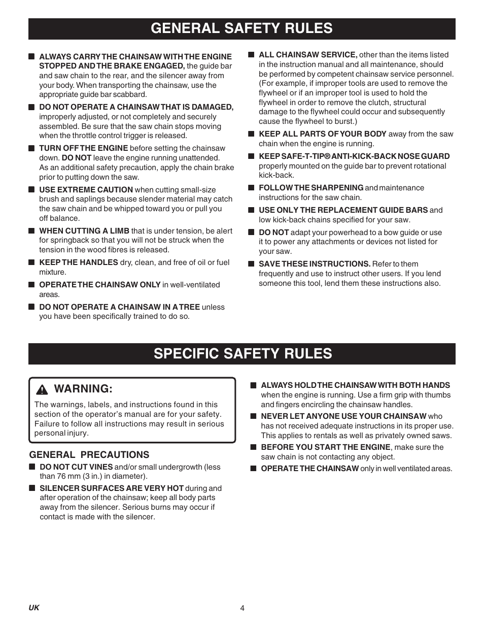 General safety rules, Specific safety rules, Warning | Ryobi RY74003D User Manual | Page 4 / 20