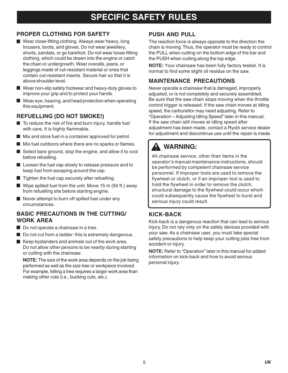 Specific safety rules, Warning | Ryobi RY74003D User Manual | Page 5 / 20