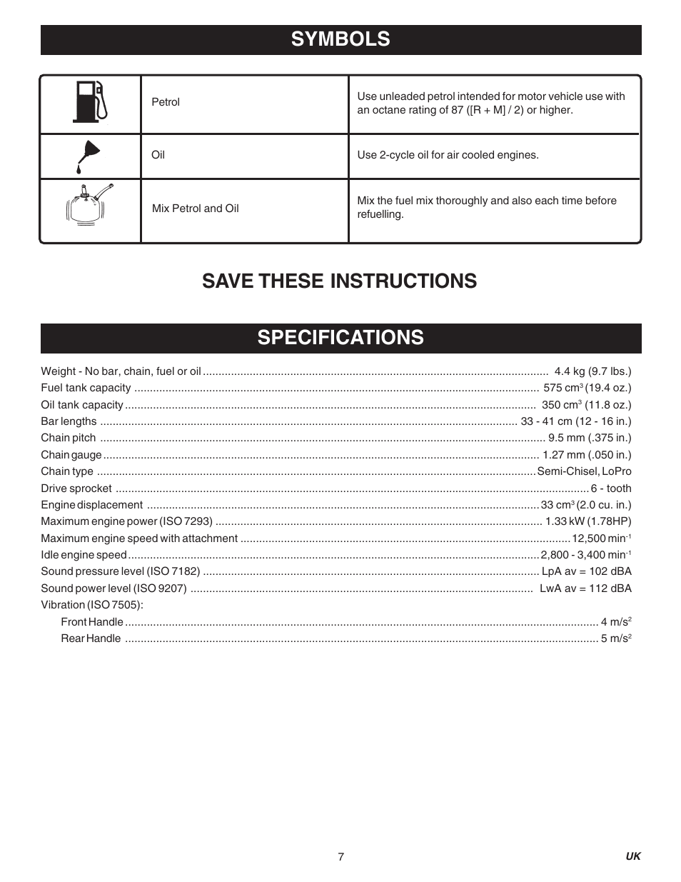 Save these instructions, Symbols specifications | Ryobi RY74003D User Manual | Page 7 / 20