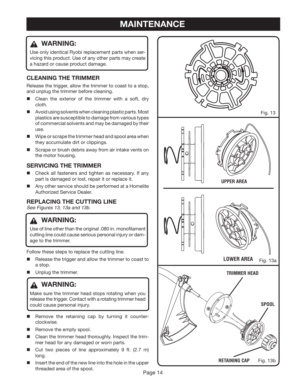 Maintenance, Warning | Ryobi ZRRY41002 User Manual | Page 14 / 20