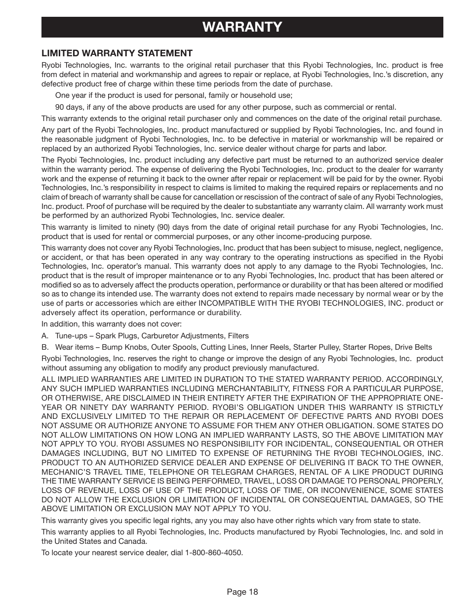 Warranty | Ryobi ZRRY41002 User Manual | Page 18 / 20