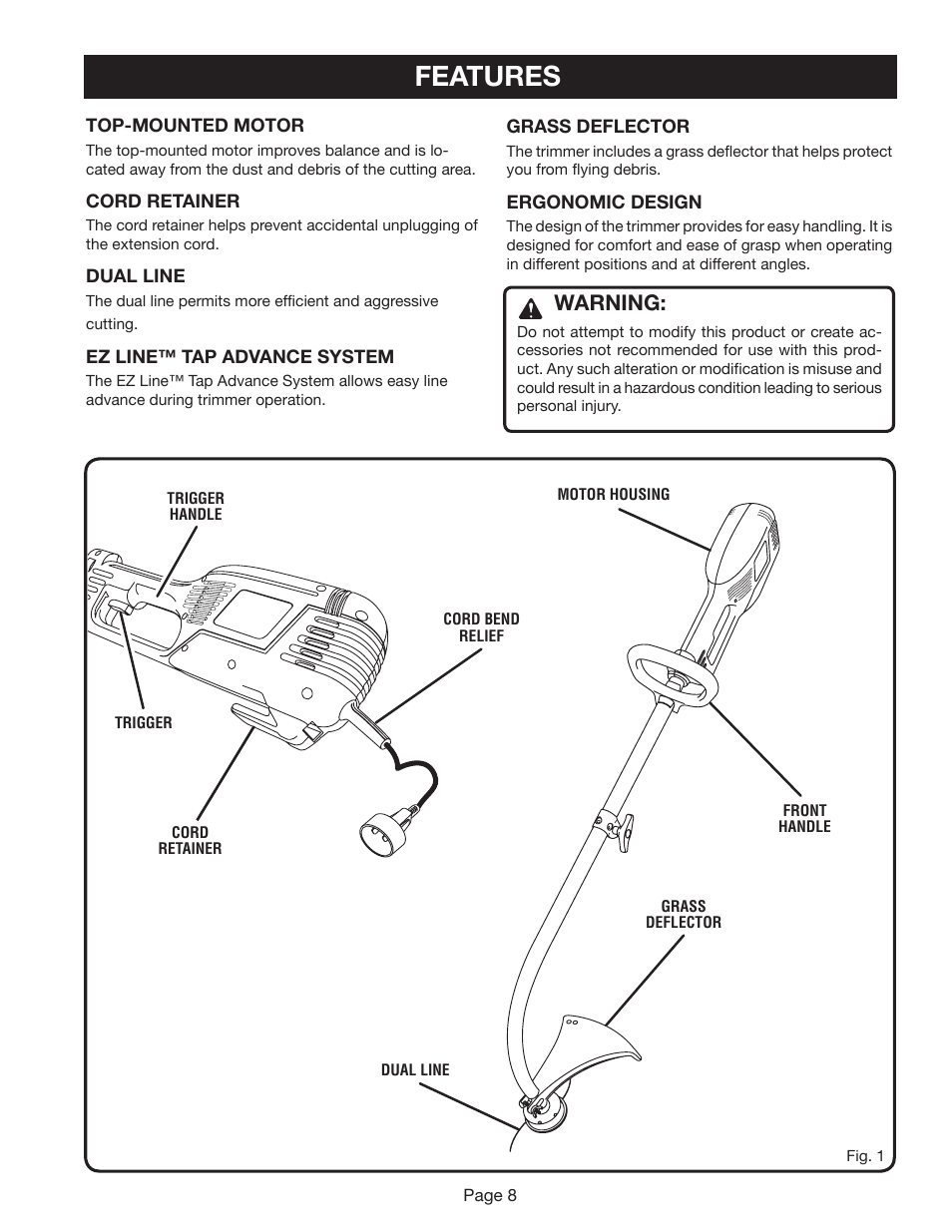 Features, Warning | Ryobi ZRRY41002 User Manual | Page 8 / 20