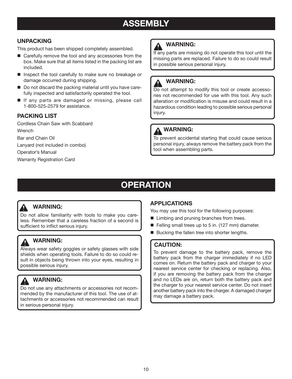 Assembly, Operation | Ryobi P540 User Manual | Page 10 / 28