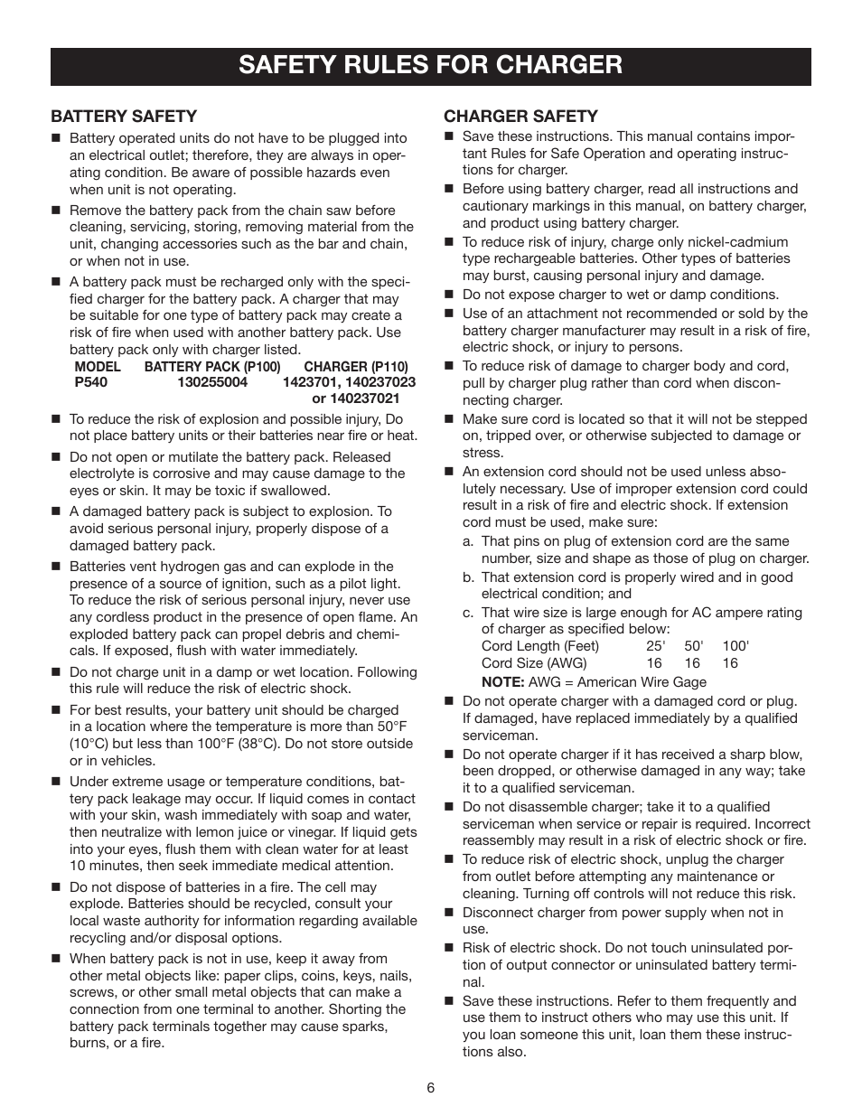 Safety rules for charger | Ryobi P540 User Manual | Page 6 / 28