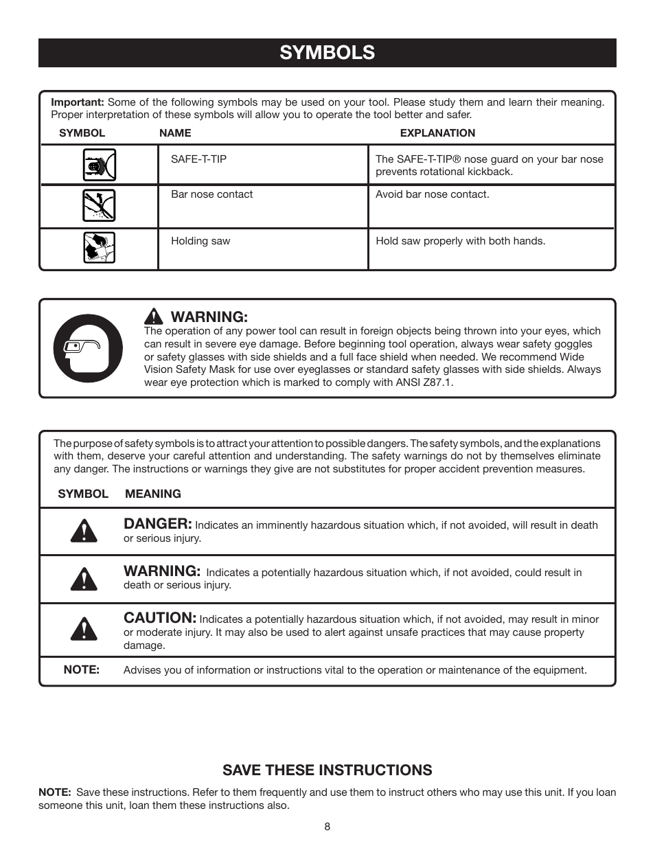 Symbols | Ryobi P540 User Manual | Page 8 / 28