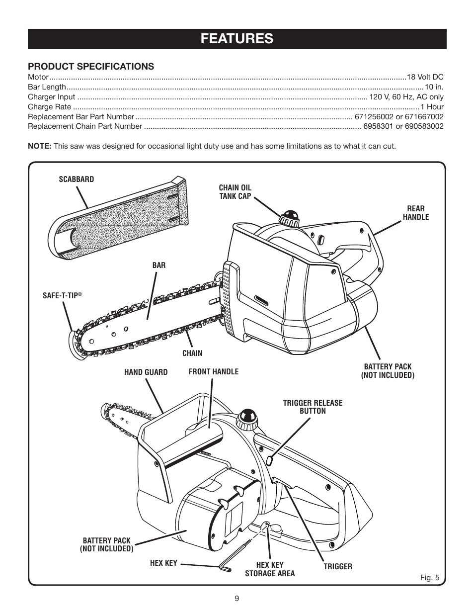 Features | Ryobi P540 User Manual | Page 9 / 28