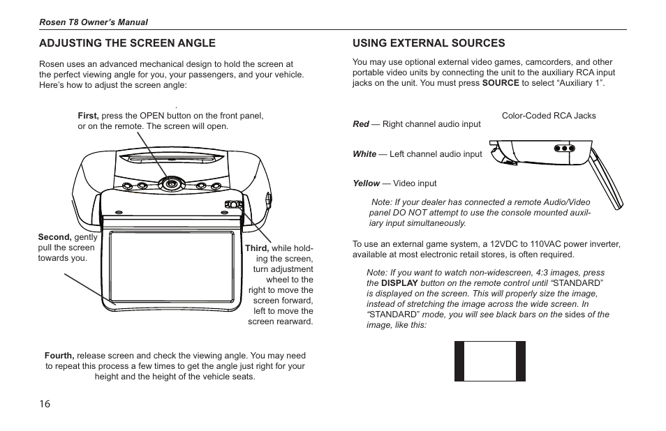 Adjusting the screen angle, Using external sources | Rosen Entertainment Systems s/n 0708030488 T8 User Manual | Page 14 / 22