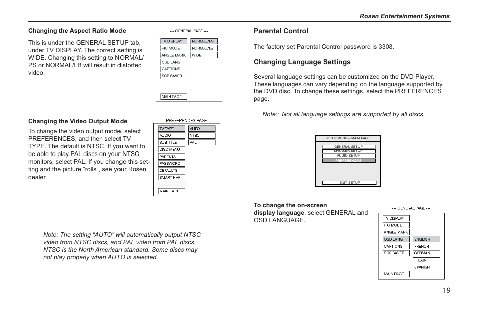 Parental control, Changing language settings | Rosen Entertainment Systems s/n 0708030488 T8 User Manual | Page 17 / 22