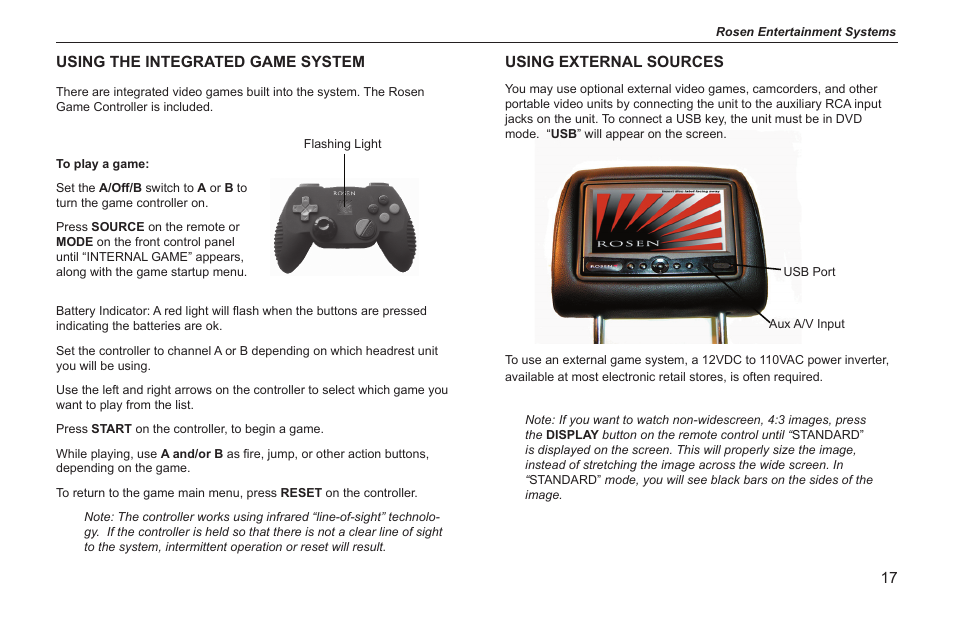 Using the integrated game system, Using external sources | Rosen Entertainment Systems AV7500 User Manual | Page 17 / 22