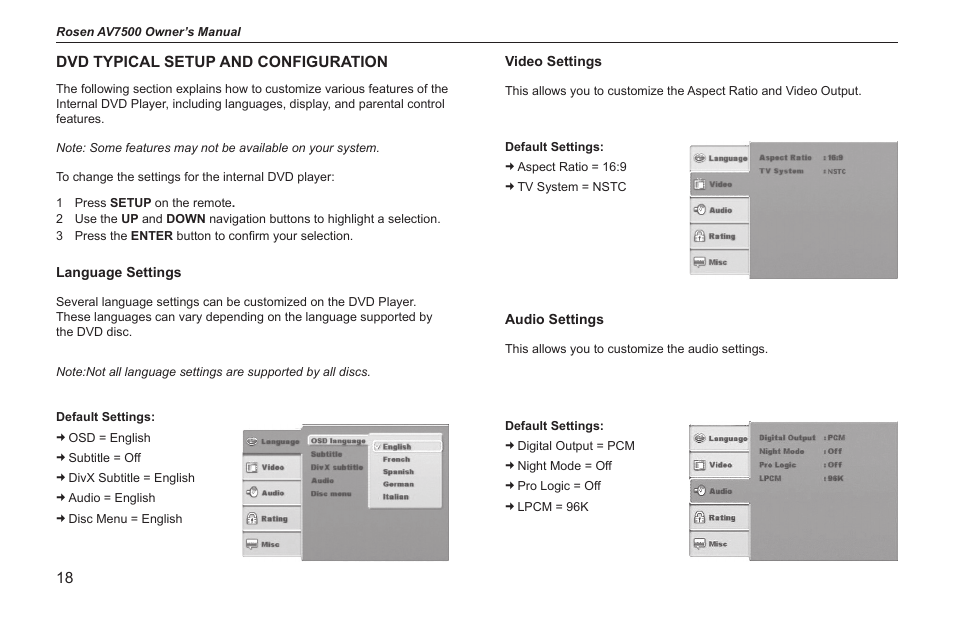 Dvd typical setup and configuration | Rosen Entertainment Systems AV7500 User Manual | Page 18 / 22