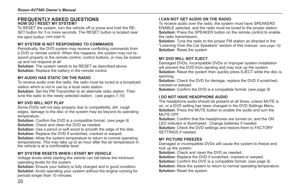 Frequently asked questions | Rosen Entertainment Systems AV7500 User Manual | Page 20 / 22