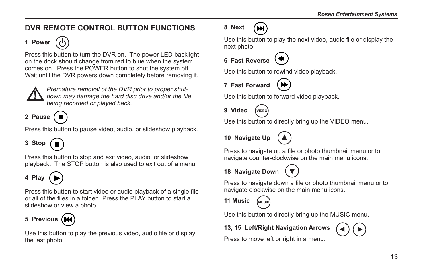 Dvr remote control button functions | Rosen Entertainment Systems RVR 2000 User Manual | Page 11 / 26