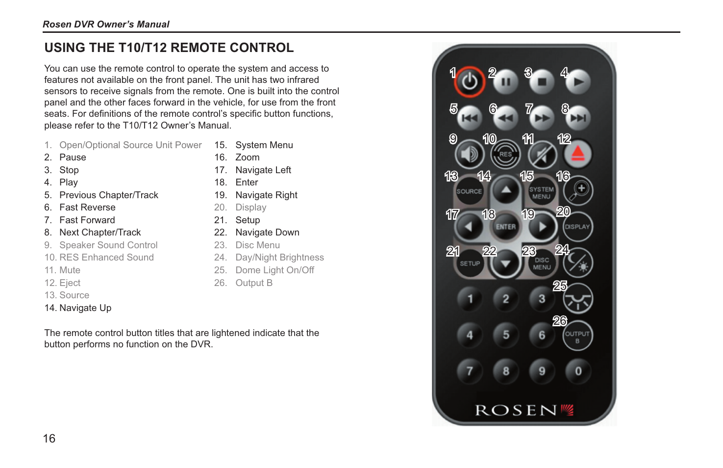 Using the t10/t12 remote control | Rosen Entertainment Systems RVR 2000 User Manual | Page 14 / 26