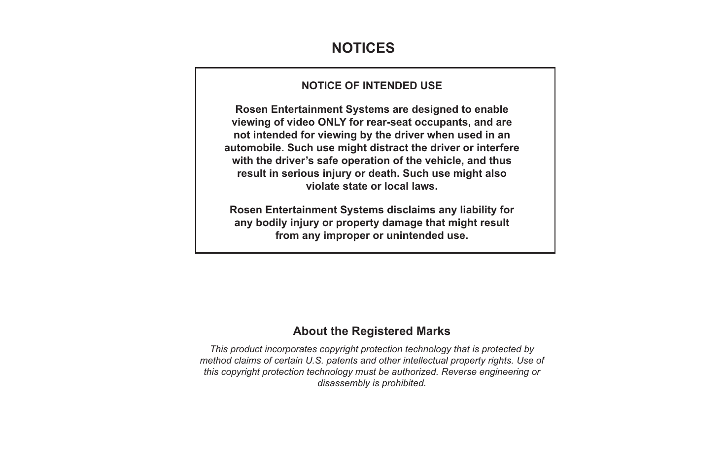 Notices, About the registered marks | Rosen Entertainment Systems RVR 2000 User Manual | Page 2 / 26