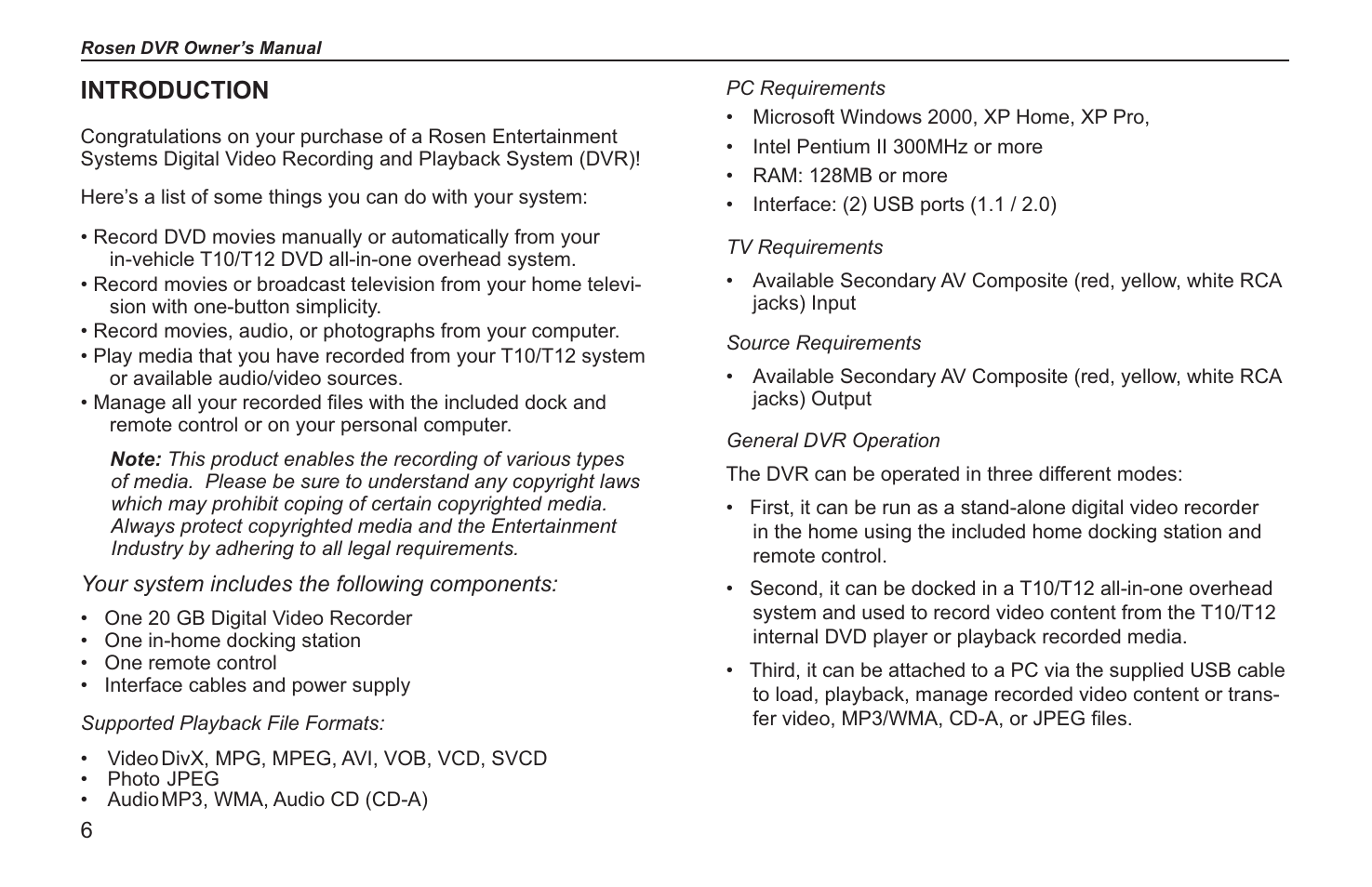 Introduction, Your system includes the following components | Rosen Entertainment Systems RVR 2000 User Manual | Page 4 / 26