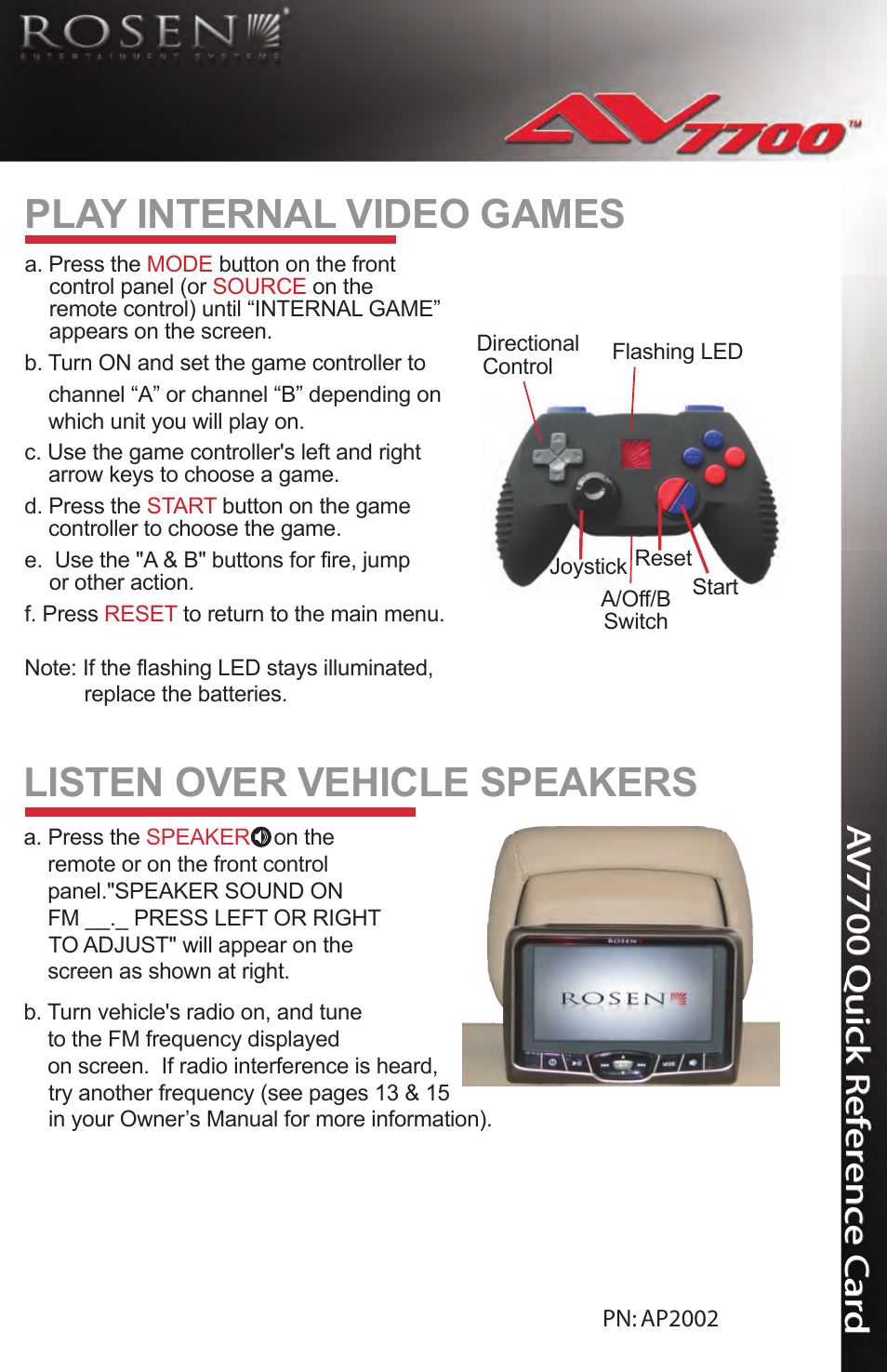 Ap2002_qrc_av7700 back_rev a.pdf, Listen over vehicle speakers, Play internal video games | Av7700 q uick r ef er enc e c ar d | Rosen Entertainment Systems AV7700 User Manual | Page 2 / 2