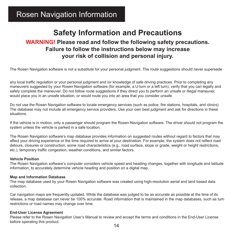 Safety information and precautions, Rosen navigation information | Rosen Entertainment Systems GM SERIES DS-GM0710 User Manual | Page 15 / 16