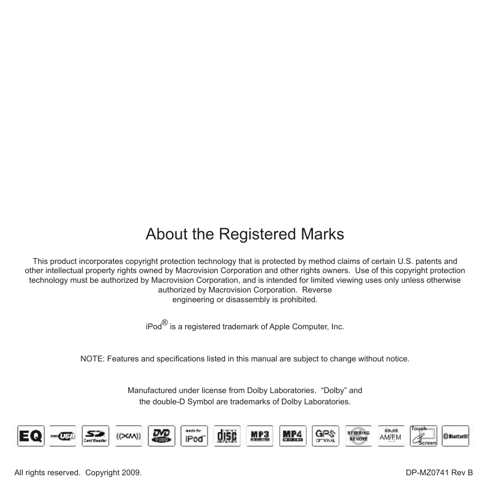 About the registered marks | Rosen Entertainment Systems MAZDACX-7 DS-MZ0740 User Manual | Page 16 / 16