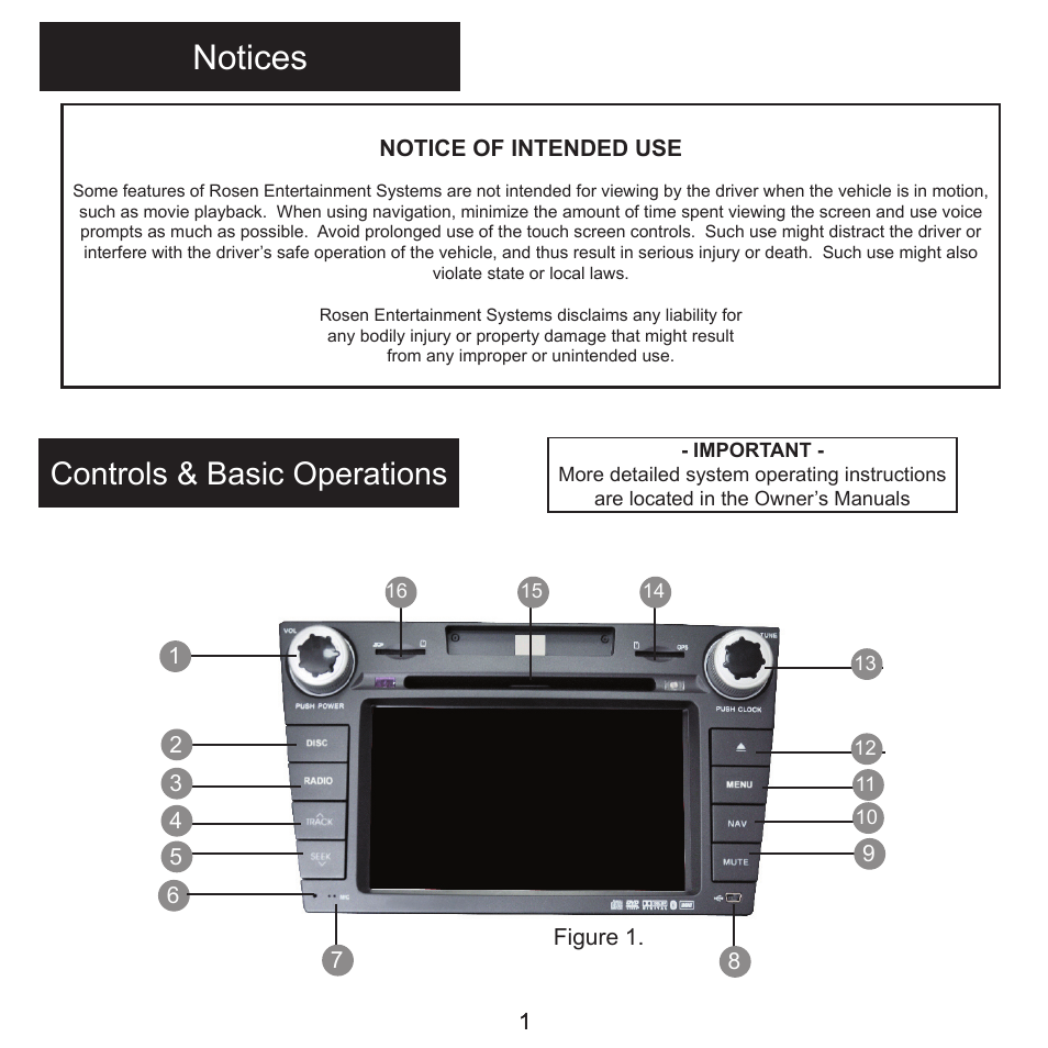 Notices, Controls & basic operations | Rosen Entertainment Systems MAZDACX-7 DS-MZ0740 User Manual | Page 2 / 16