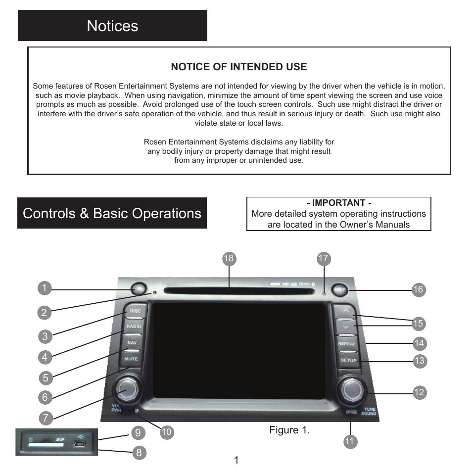 Notices, Controls & basic operations | Rosen Entertainment Systems DS-HD0820 User Manual | Page 2 / 16