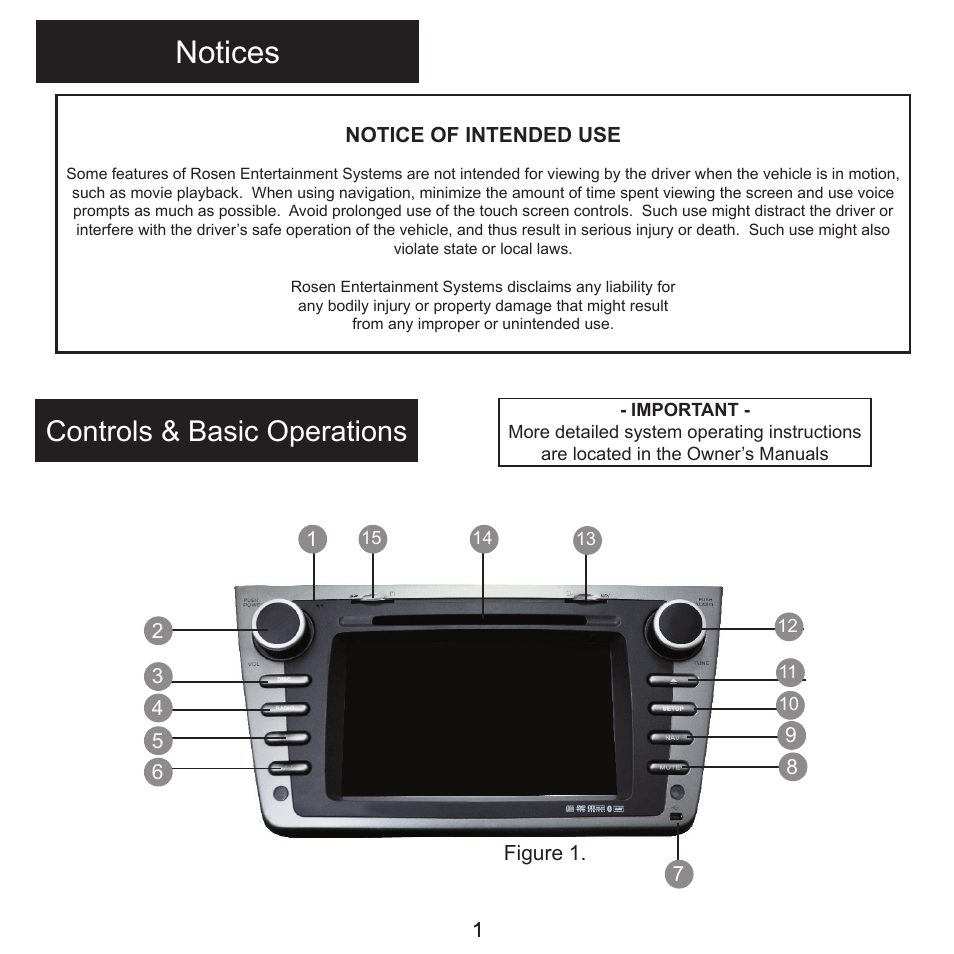 Notices, Controls & basic operations | Rosen Entertainment Systems DS-MZ0830 User Manual | Page 2 / 16