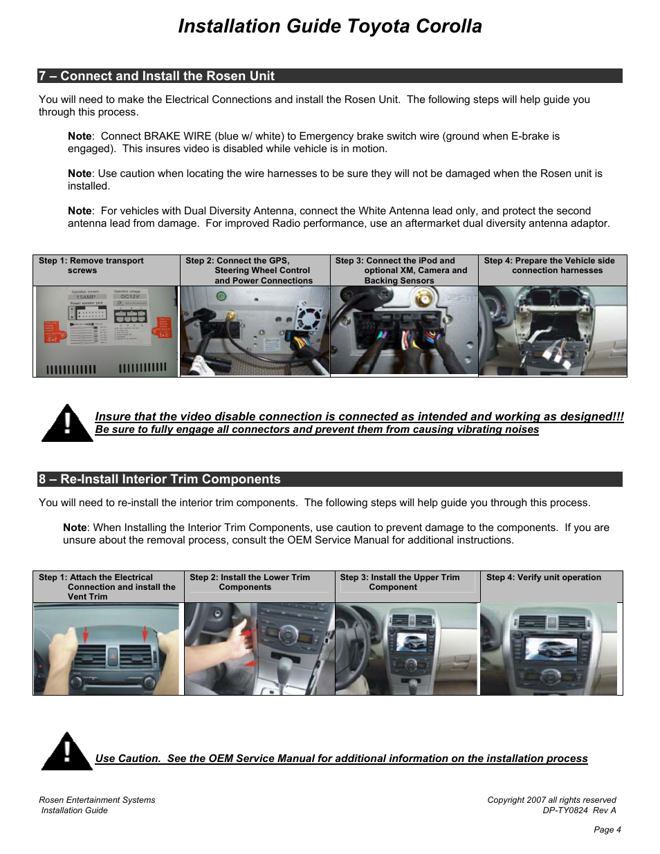 Installation guide toyota corolla, 7 – connect and install the rosen unit, 8 – re-install interior trim components | Rosen Entertainment Systems DS-TY0820 User Manual | Page 4 / 8