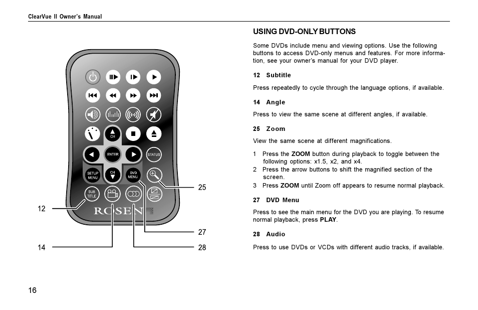Using dvd-only buttons, Perating, Dvd p | Layer | Rosen Entertainment Systems Rosen inVUE II User Manual | Page 16 / 28