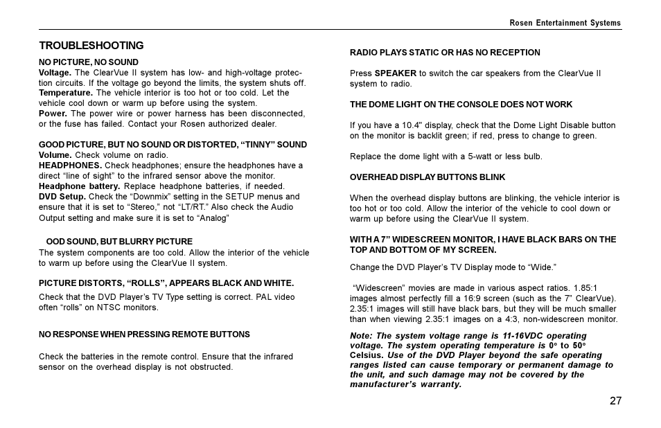 Troubleshooting | Rosen Entertainment Systems Rosen inVUE II User Manual | Page 27 / 28