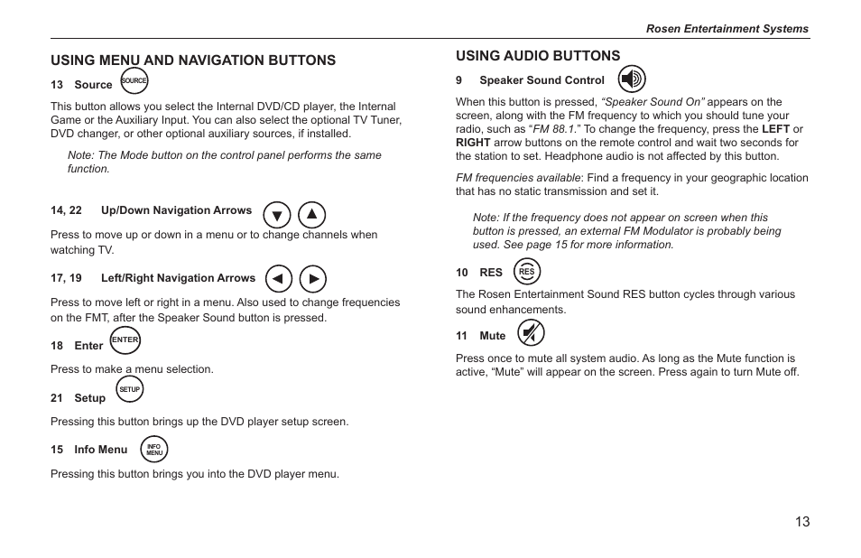 Using menu and navigation buttons, Using audio buttons | Rosen Entertainment Systems Z8 User Manual | Page 13 / 20