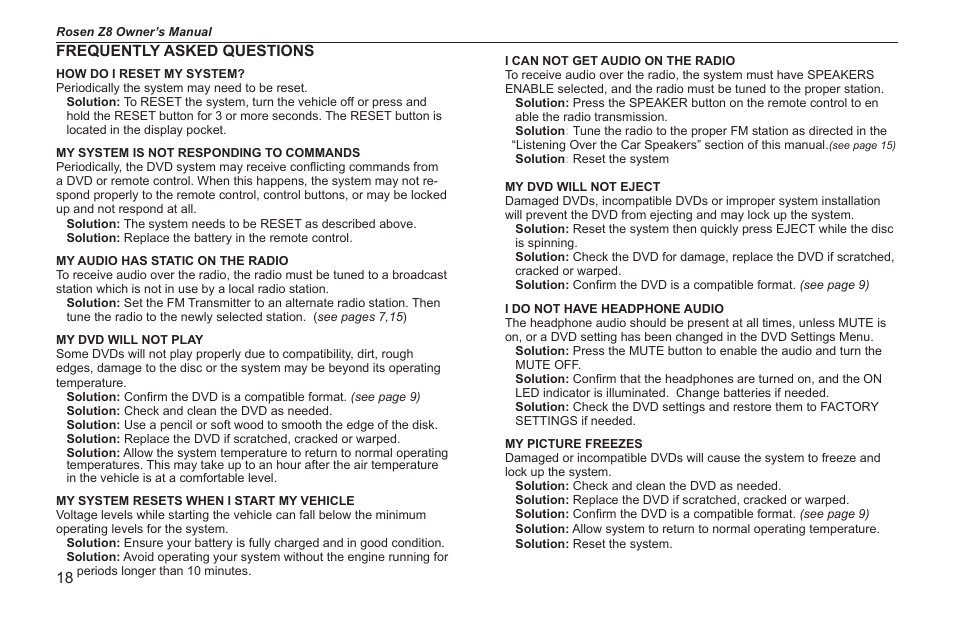 Frequently asked questions | Rosen Entertainment Systems Z8 User Manual | Page 18 / 20