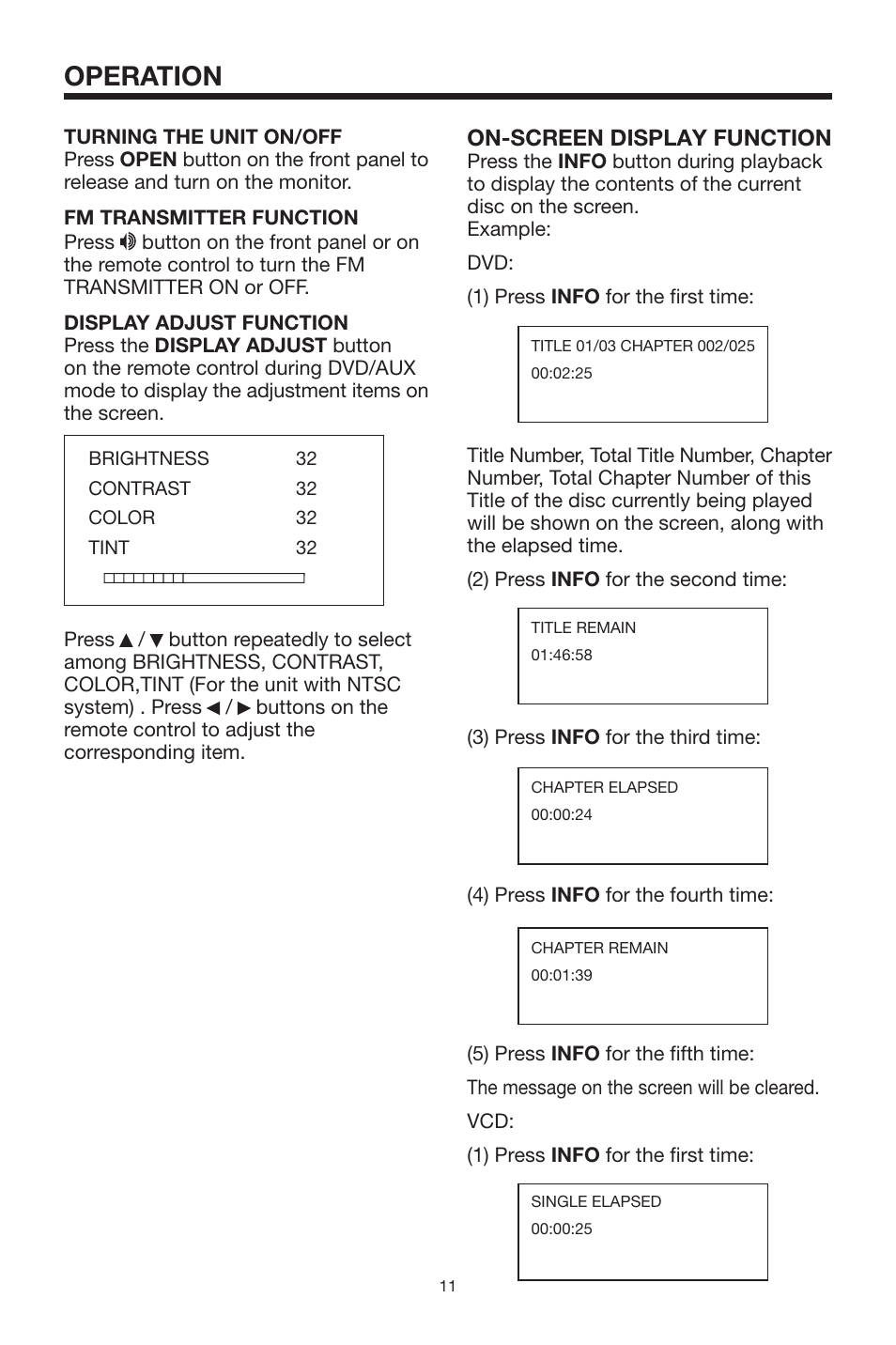 Operation, On-screen display function | Rosen Entertainment Systems CAR SHOW 7 User Manual | Page 11 / 24