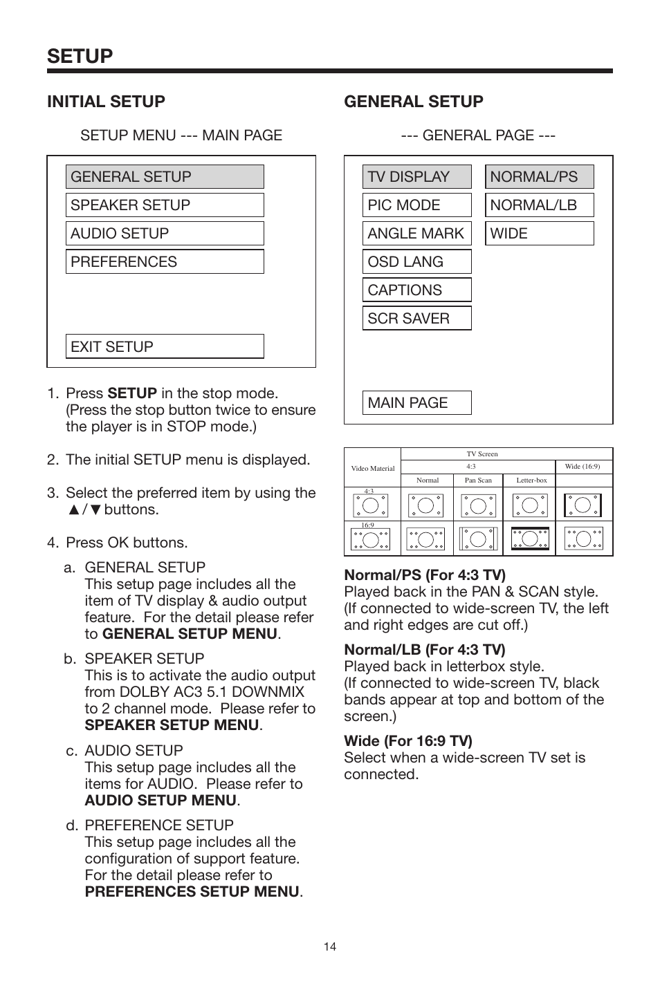 Setup, General setup, Initial setup | Rosen Entertainment Systems CAR SHOW 7 User Manual | Page 14 / 24