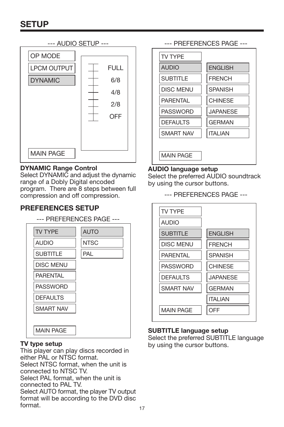 Setup, Preferences setup | Rosen Entertainment Systems CAR SHOW 7 User Manual | Page 17 / 24