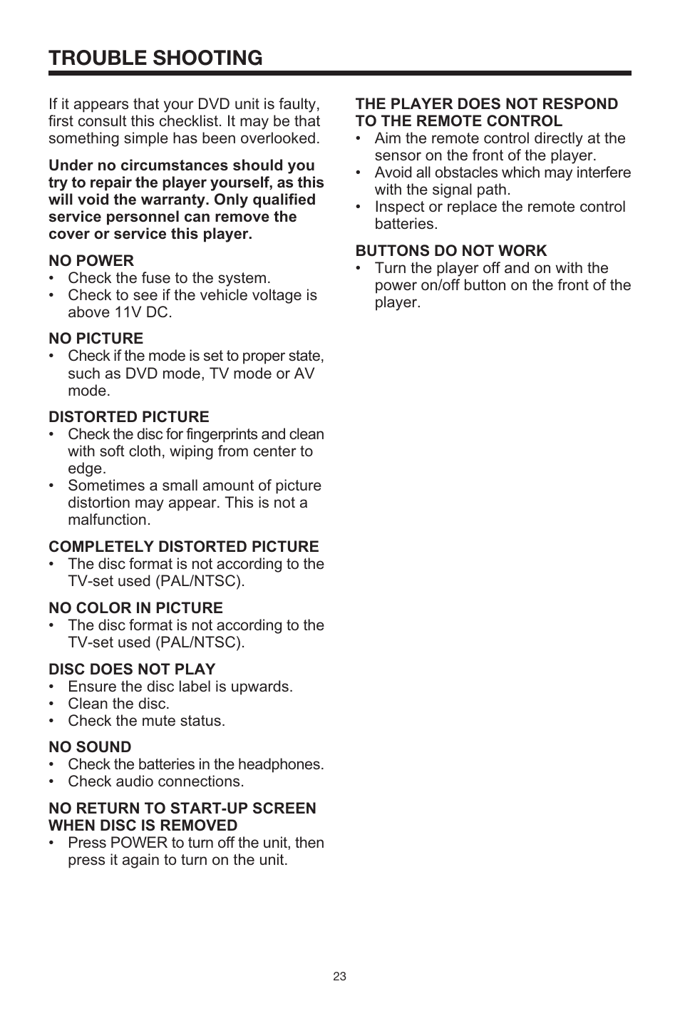 Trouble shooting | Rosen Entertainment Systems CAR SHOW 7 User Manual | Page 23 / 24