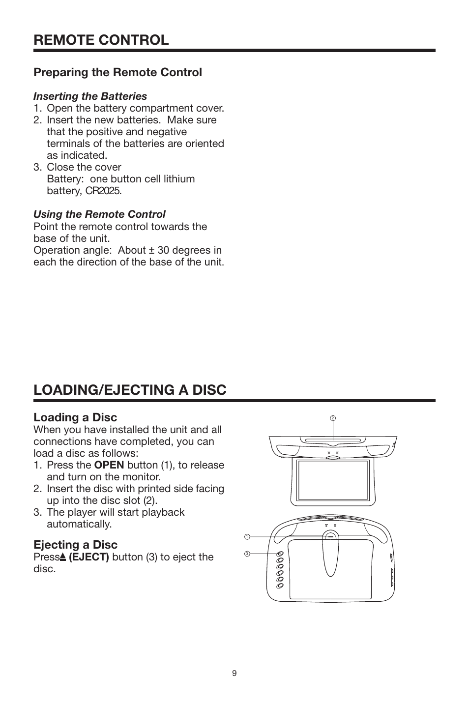 Remote control, Loading/ejecting a disc, Preparing the remote control | Ejecting a disc, Loading a disc | Rosen Entertainment Systems CAR SHOW 7 User Manual | Page 9 / 24