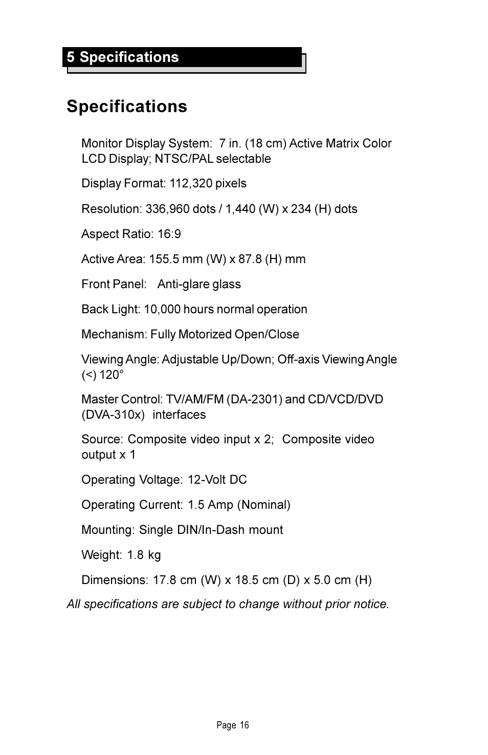 Specifications | Rosen Entertainment Systems DA-7169 User Manual | Page 17 / 18