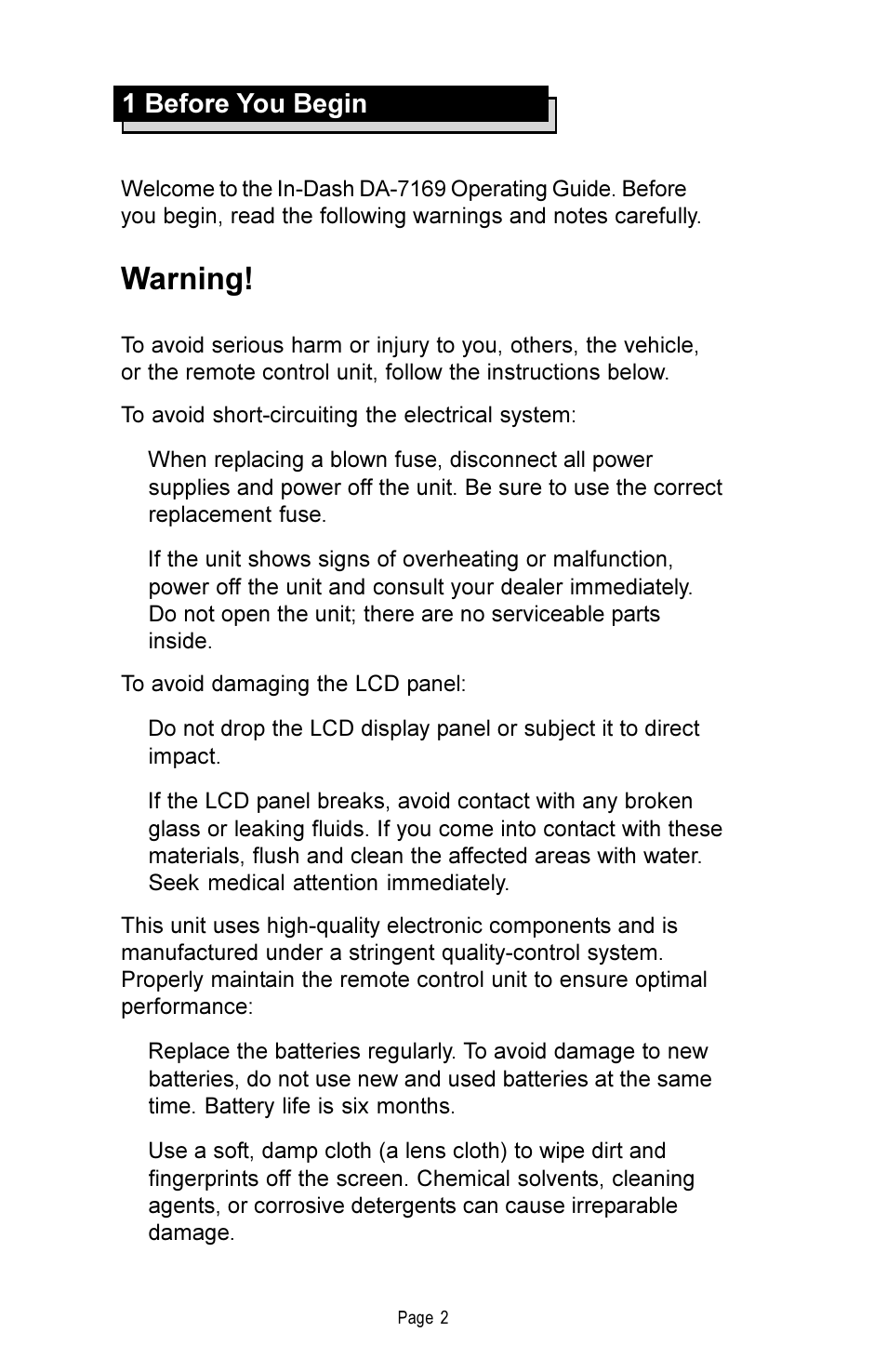 Warning, 1 before you begin | Rosen Entertainment Systems DA-7169 User Manual | Page 3 / 18