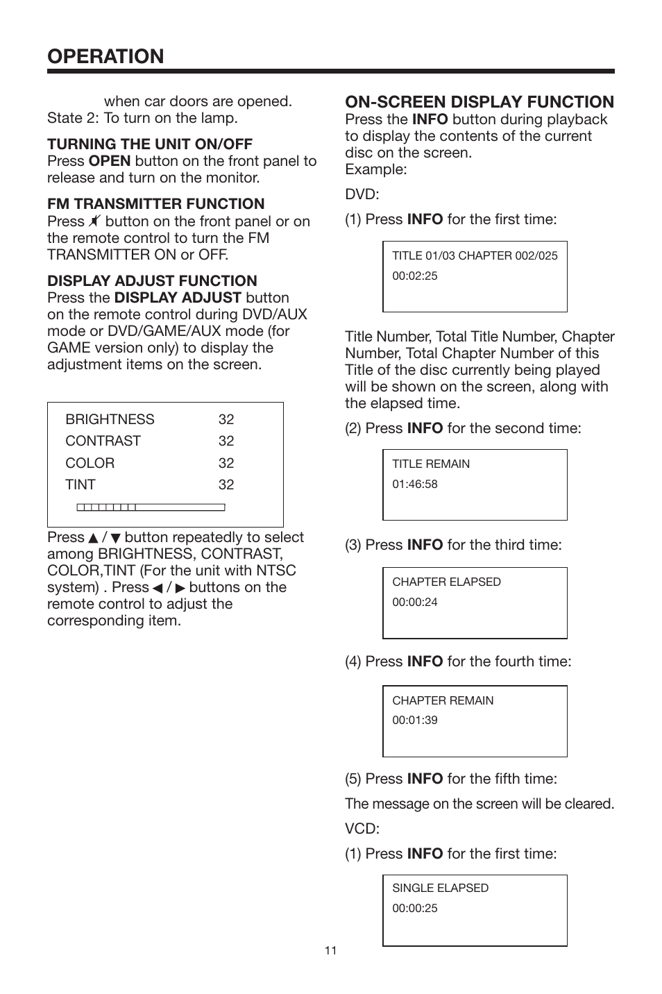 Operation, On-screen display function | Rosen Entertainment Systems 10.2 User Manual | Page 11 / 24