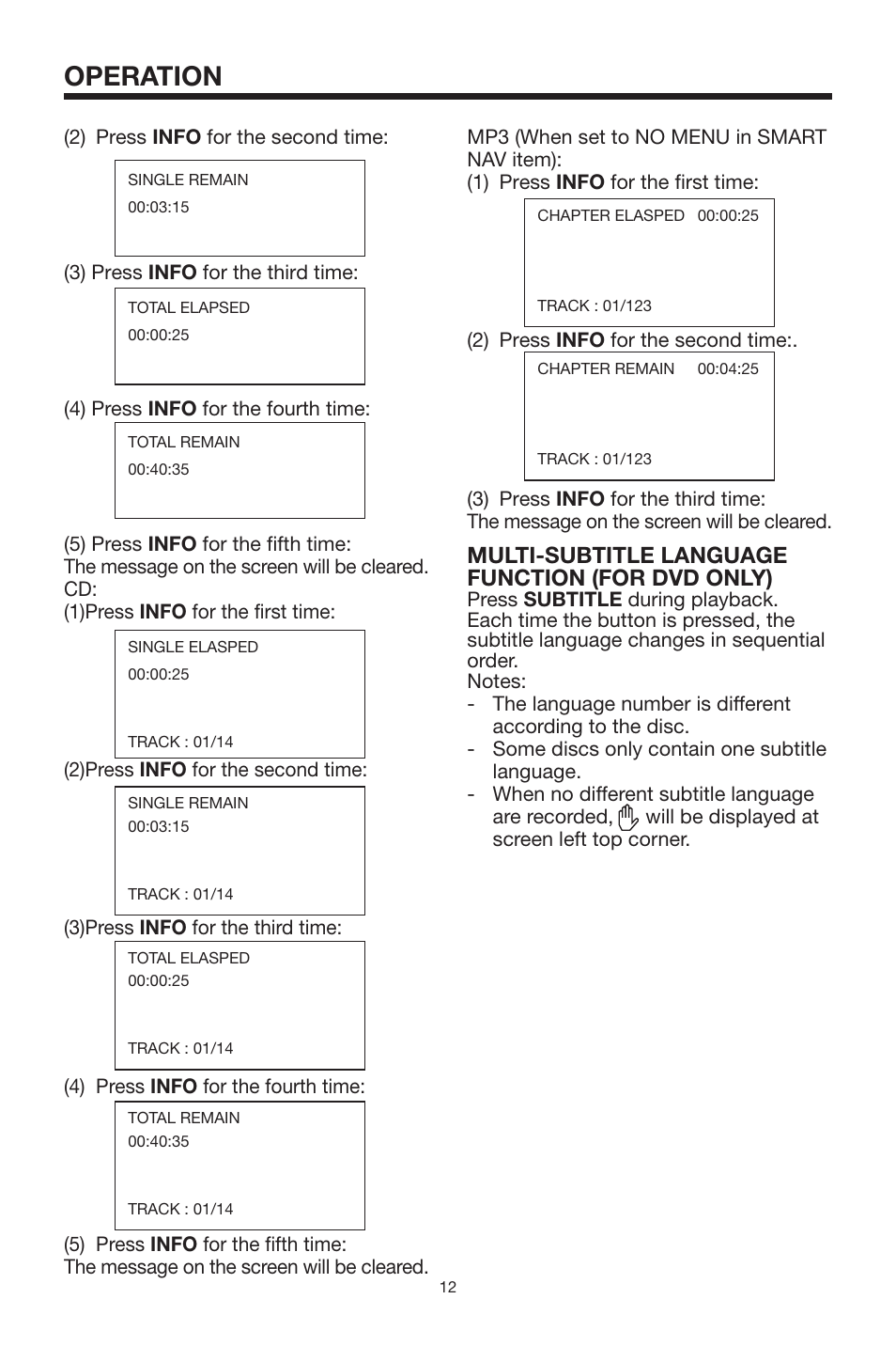 Operation, Multi-subtitle language function (for dvd only) | Rosen Entertainment Systems 10.2 User Manual | Page 12 / 24
